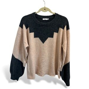Lush Sand Charcoal Geometric Colorblock Sweater Women’s Large Soft Knit Pullover
